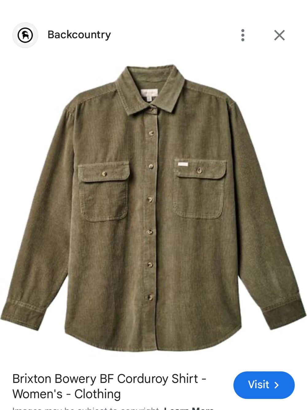 Brixton Olive Green Corduroy Button-Up Shirt